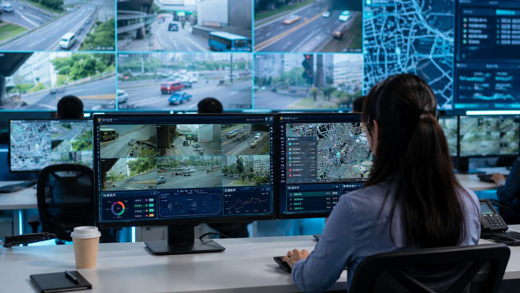 Security operator monitoring multiple surveillance video feeds and real-time analytics from a centralized control room for industrial site management.