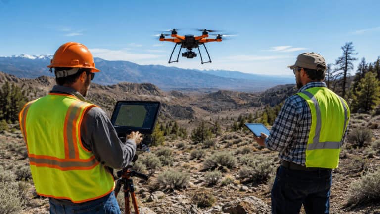 Two field engineers operating a drone for aerial inspection and terrain surveying using a laptop and tablet in a remote outdoor environment.