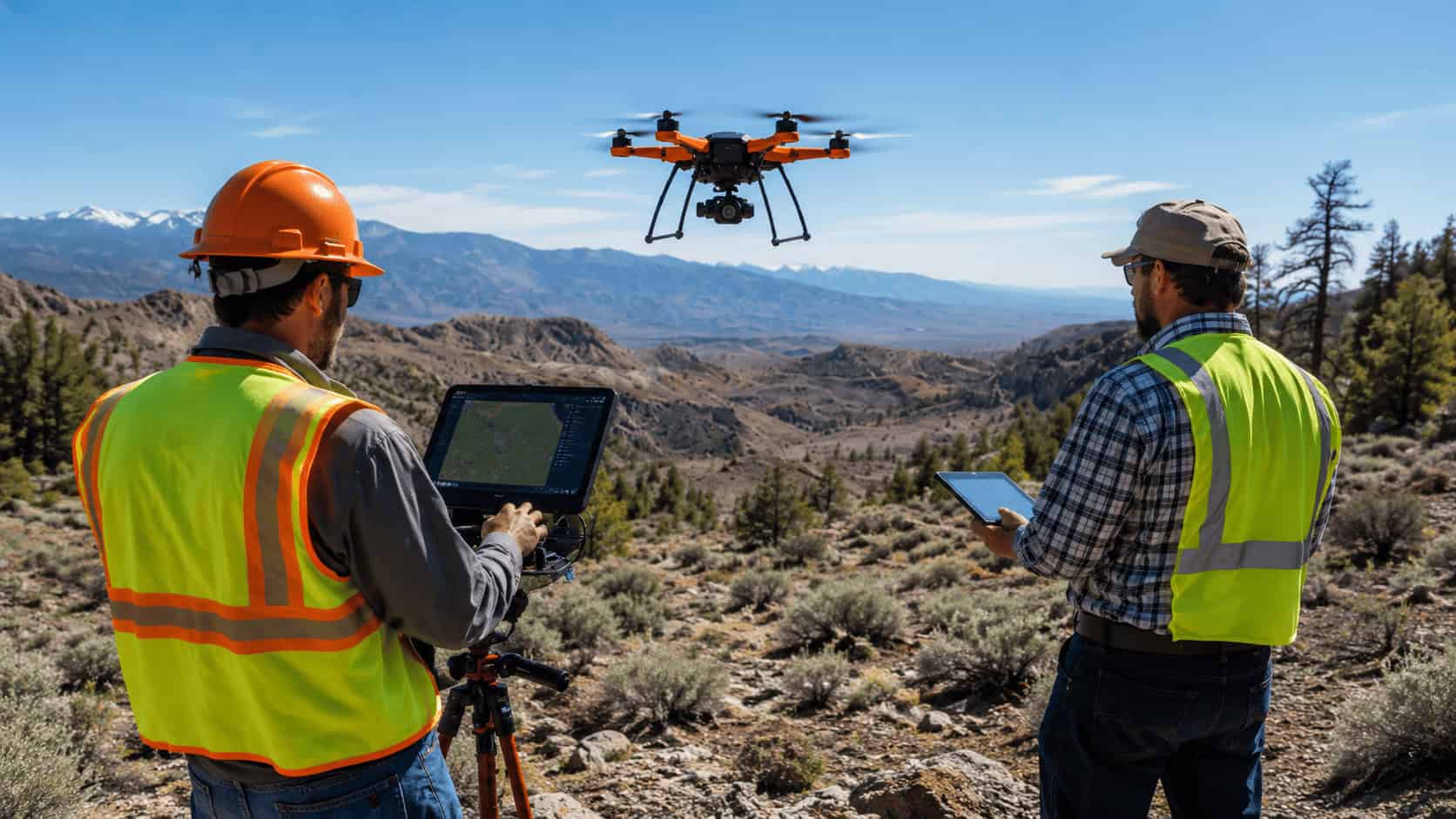Two field engineers operating a drone for aerial inspection and terrain surveying using a laptop and tablet in a remote outdoor environment.