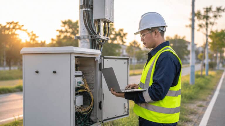 Field engineer performing maintenance on an outdoor telecom cabinet using a laptop for remote network monitoring and Industrial IoT infrastructure management.