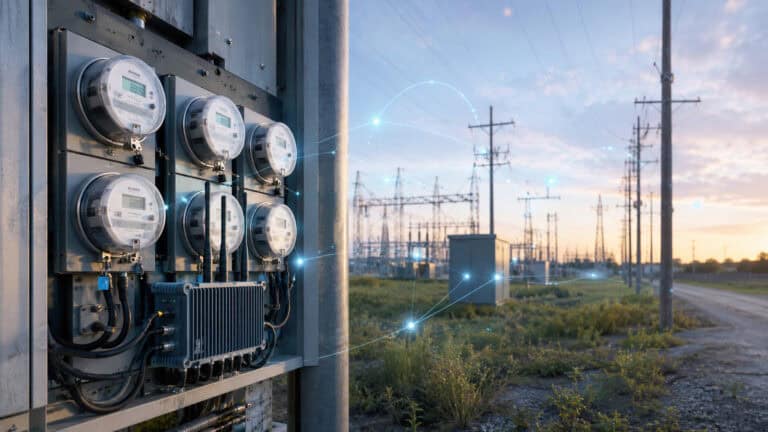 Smart electricity meters and an industrial communication gateway installed in a utility cabinet, connected through subtle digital network signals to a distant power infrastructure for remote smart metering management.