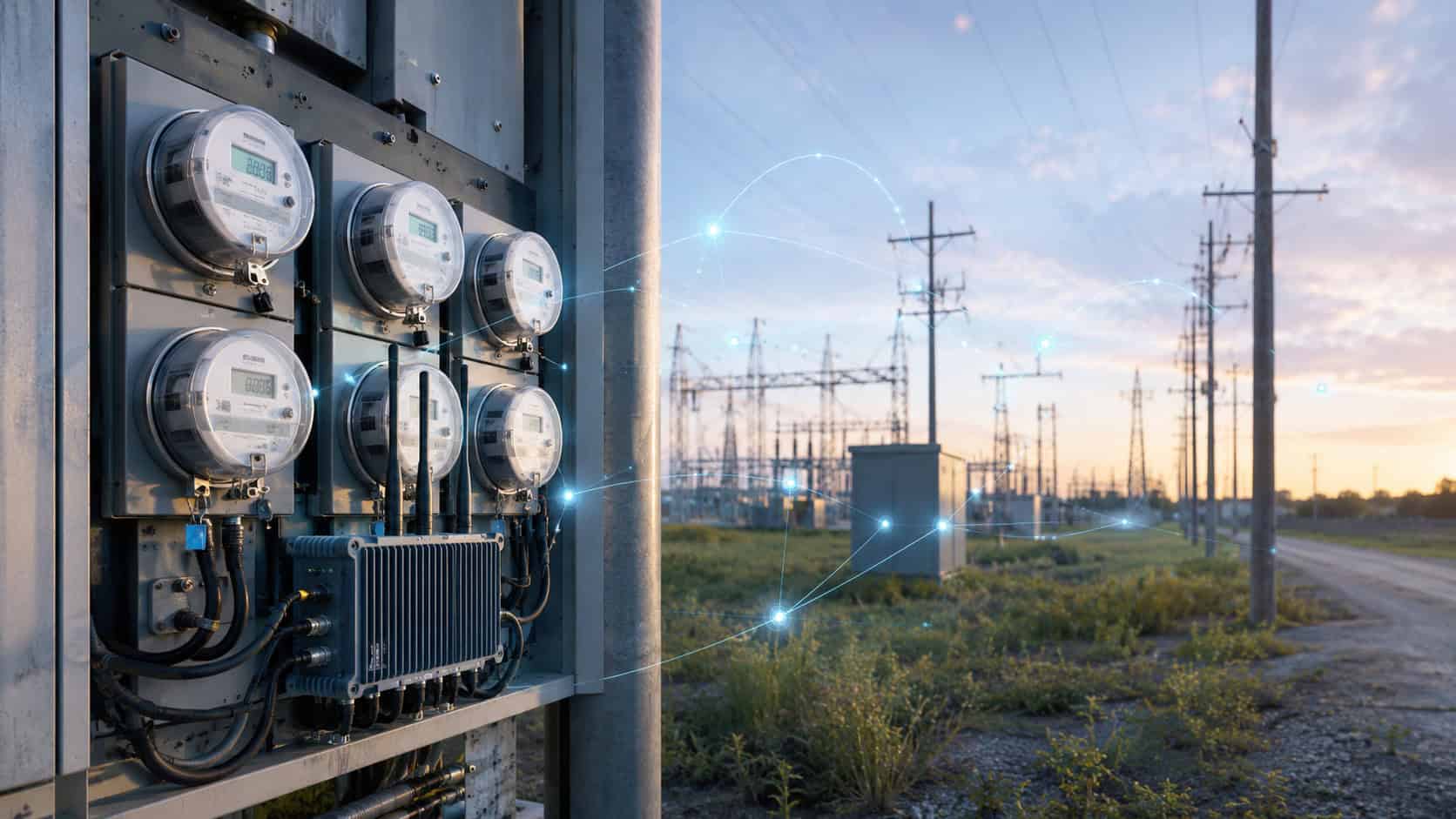 Smart electricity meters and an industrial communication gateway installed in a utility cabinet, connected through subtle digital network signals to a distant power infrastructure for remote smart metering management.