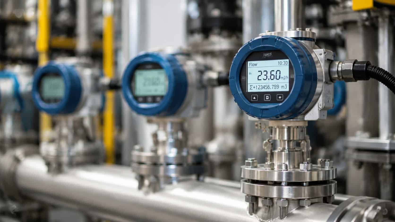Close-up view of industrial flow sensors mounted on stainless steel pipelines, with digital measurement displays and connected instrumentation in a modern factory automation environment.