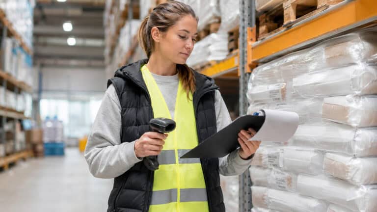 Warehouse worker wearing a high-visibility safety vest using a barcode scanner and checking inventory records on a clipboard, with storage racks, packaged goods, and logistics operations in a modern warehouse environment.