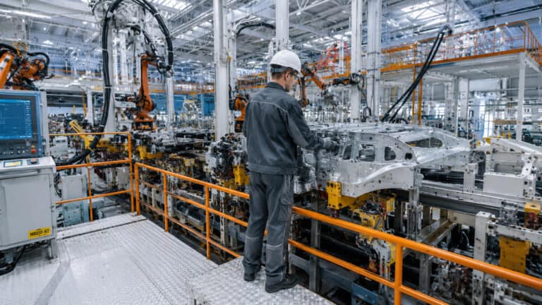 Factory technician inspecting a vehicle body on an automated production line, surrounded by industrial robotic arms, machinery, and safety railings in a modern automotive manufacturing facility.