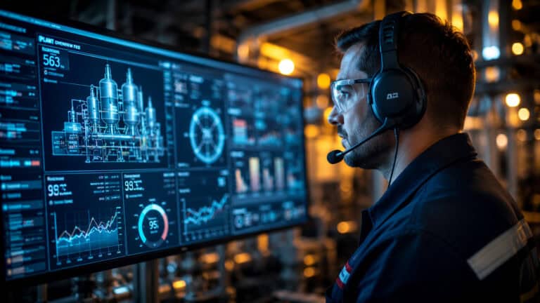 Industrial operator wearing a headset and safety glasses monitoring a digital control dashboard in a smart factory environment, with real-time data visualization, equipment analytics, and industrial automation systems displayed on large screens.