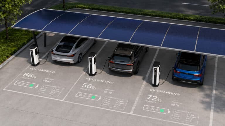 Overhead view of three electric vehicles charging beneath a solar-panel canopy, with individual charging stations and digital battery status displays in a modern outdoor EV parking facility.
