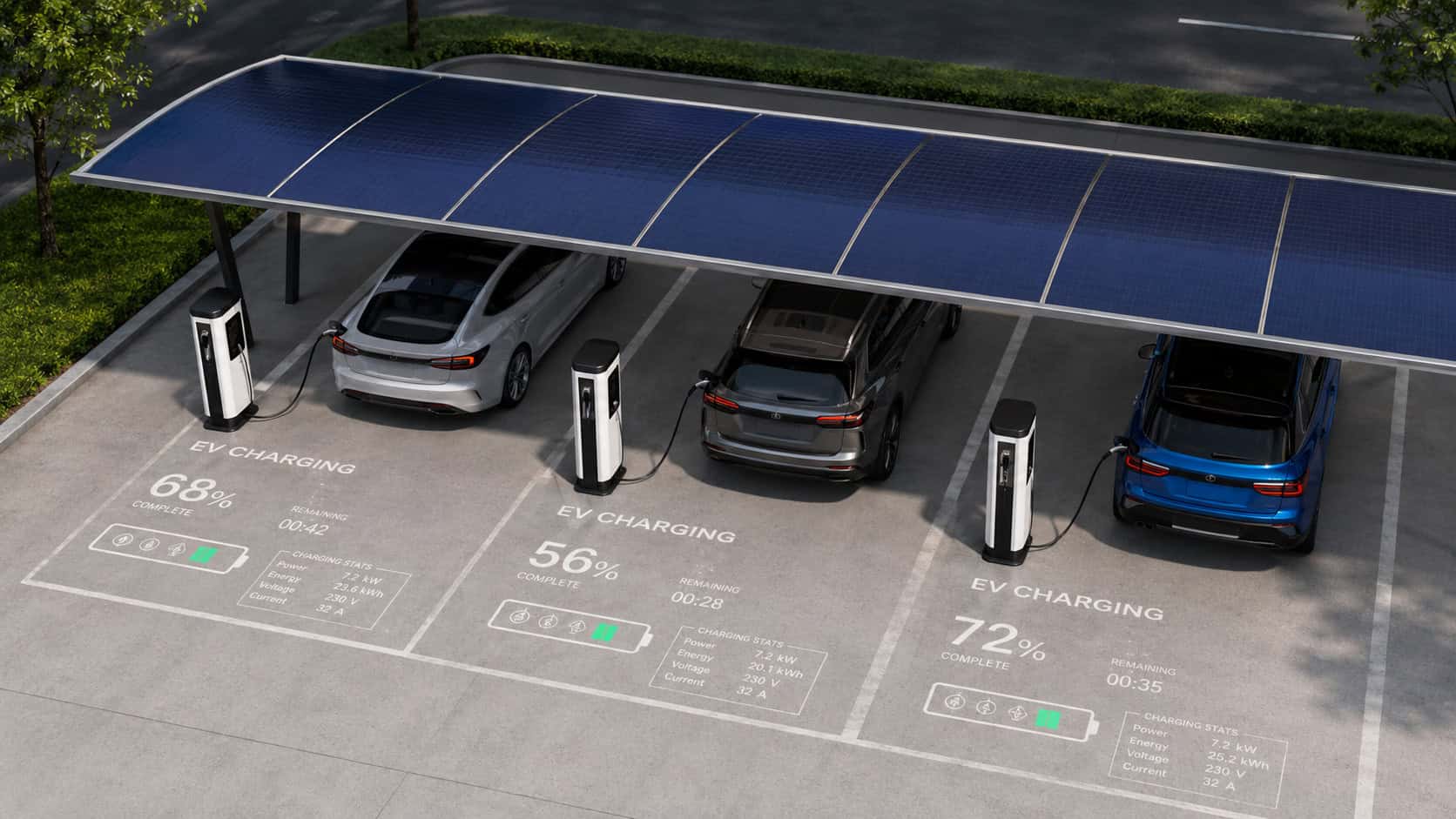 Overhead view of three electric vehicles charging beneath a solar-panel canopy, with individual charging stations and digital battery status displays in a modern outdoor EV parking facility.