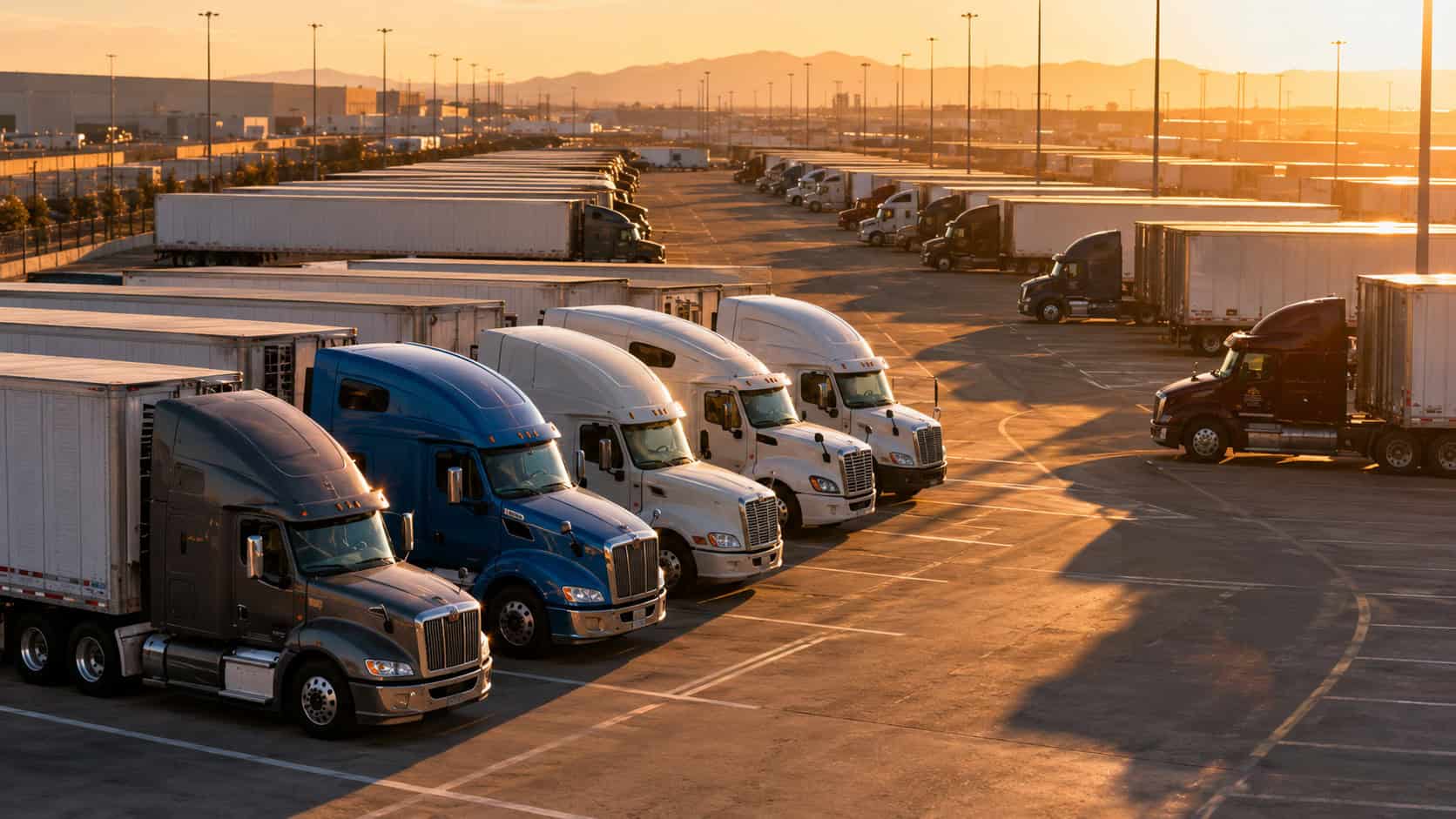 Rows of semi-trailer trucks parked in a large logistics yard at sunset, with warehouse buildings, loading areas, tall light poles, and distant mountains in the background.