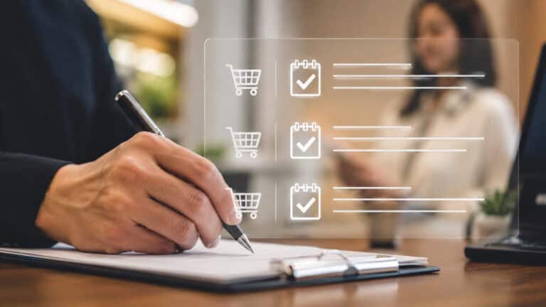 Hand writing on a clipboard with a pen while a transparent digital checklist interface with task icons and data elements appears in the foreground, representing digital workflow management, business processes, and smart operations.