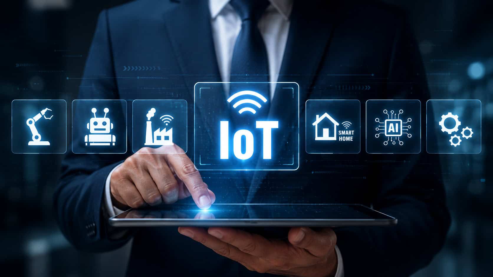 Business professional using a tablet to access a virtual IoT interface with icons for industrial robots, smart manufacturing, connected homes, artificial intelligence, and automated systems.