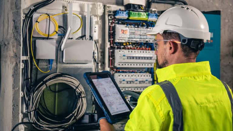 Industrial technician wearing a safety helmet and high-visibility jacket inspecting an electrical control cabinet with a rugged tablet, showing field maintenance, equipment diagnostics, and smart industrial monitoring in a connected infrastructure environment.