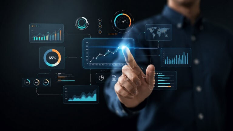 Person interacting with a virtual analytics dashboard, touching a glowing digital chart surrounded by floating data panels, graphs, and performance indicators against a dark technology-focused background.