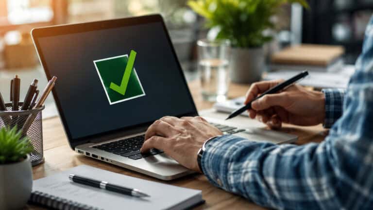 Person working on a laptop at a modern desk with a large green check mark displayed on the screen, representing successful task completion, digital verification, and efficient business workflow management.