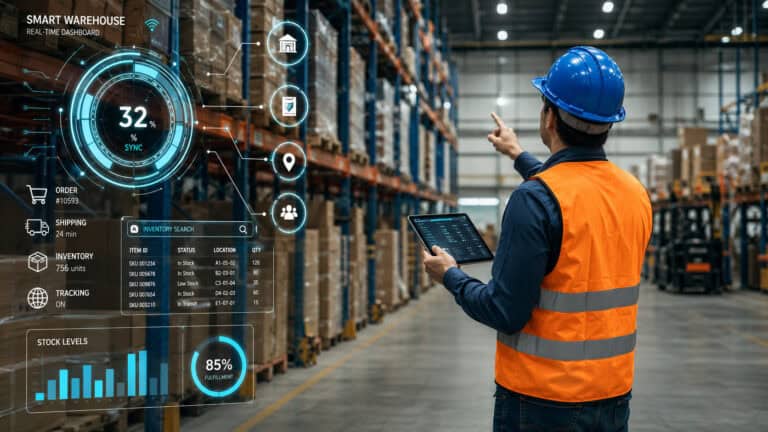 Warehouse worker wearing a safety vest and helmet using a tablet to monitor a smart warehouse system, with digital inventory dashboards, logistics data, and connected storage racks in a modern industrial warehouse environment.