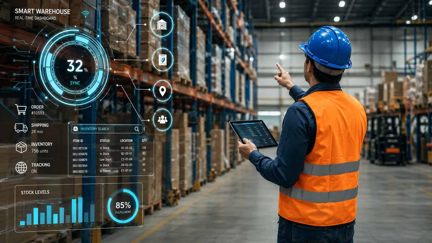Warehouse worker wearing a safety vest and helmet using a tablet to monitor a smart warehouse system, with digital inventory dashboards, logistics data, and connected storage racks in a modern industrial warehouse environment.