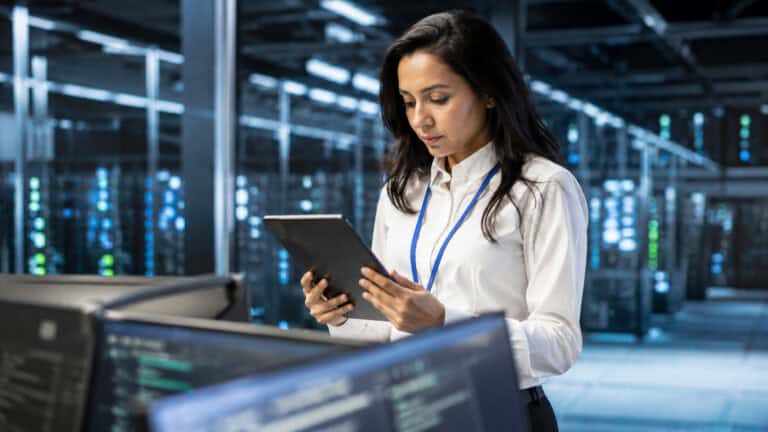 Professional data center engineer using a tablet while monitoring digital infrastructure, with server racks, technology equipment, and computer displays in a modern high-tech operations environment.