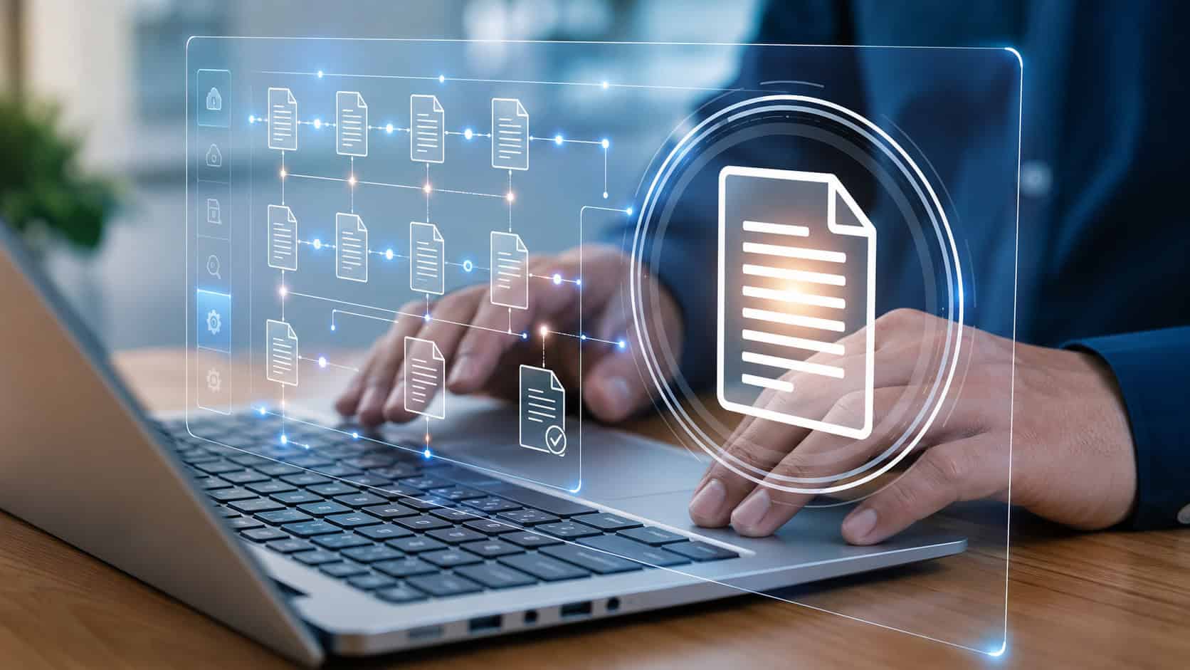 Hands using a laptop with a transparent digital document management interface overlay, showing connected files, data workflows, and secure information processing in a modern technology workspace.