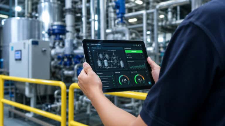 Industrial worker using a tablet to monitor a factory control dashboard, with real-time equipment data, process analytics, and industrial machinery in the background of a modern manufacturing facility.