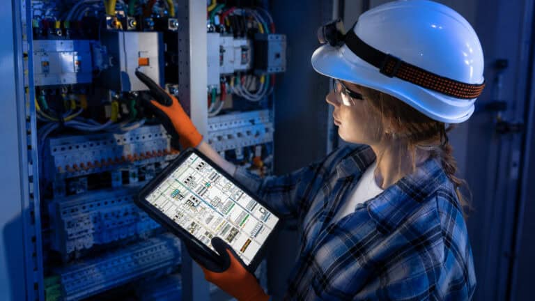 Engineer inspecting an industrial electrical control cabinet while using a tablet to monitor equipment status and wiring in a smart manufacturing facility.