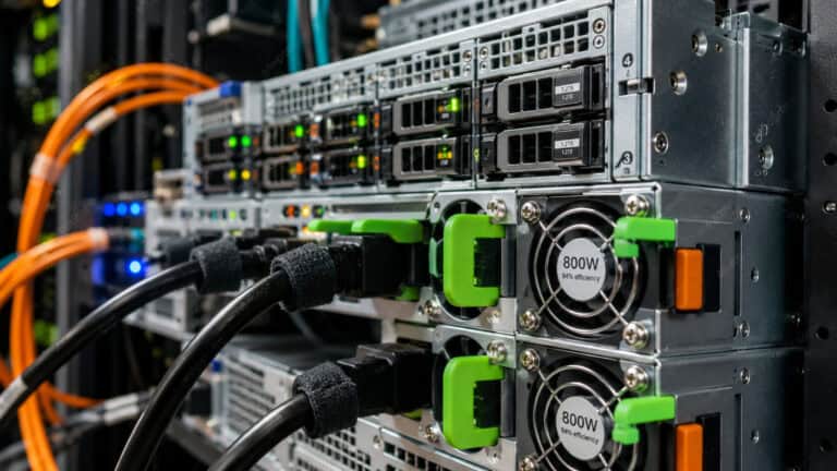 Close-up view of server hardware inside a data center rack, featuring connected network equipment, power modules, cooling fans, and fiber cables for high-performance computing infrastructure.