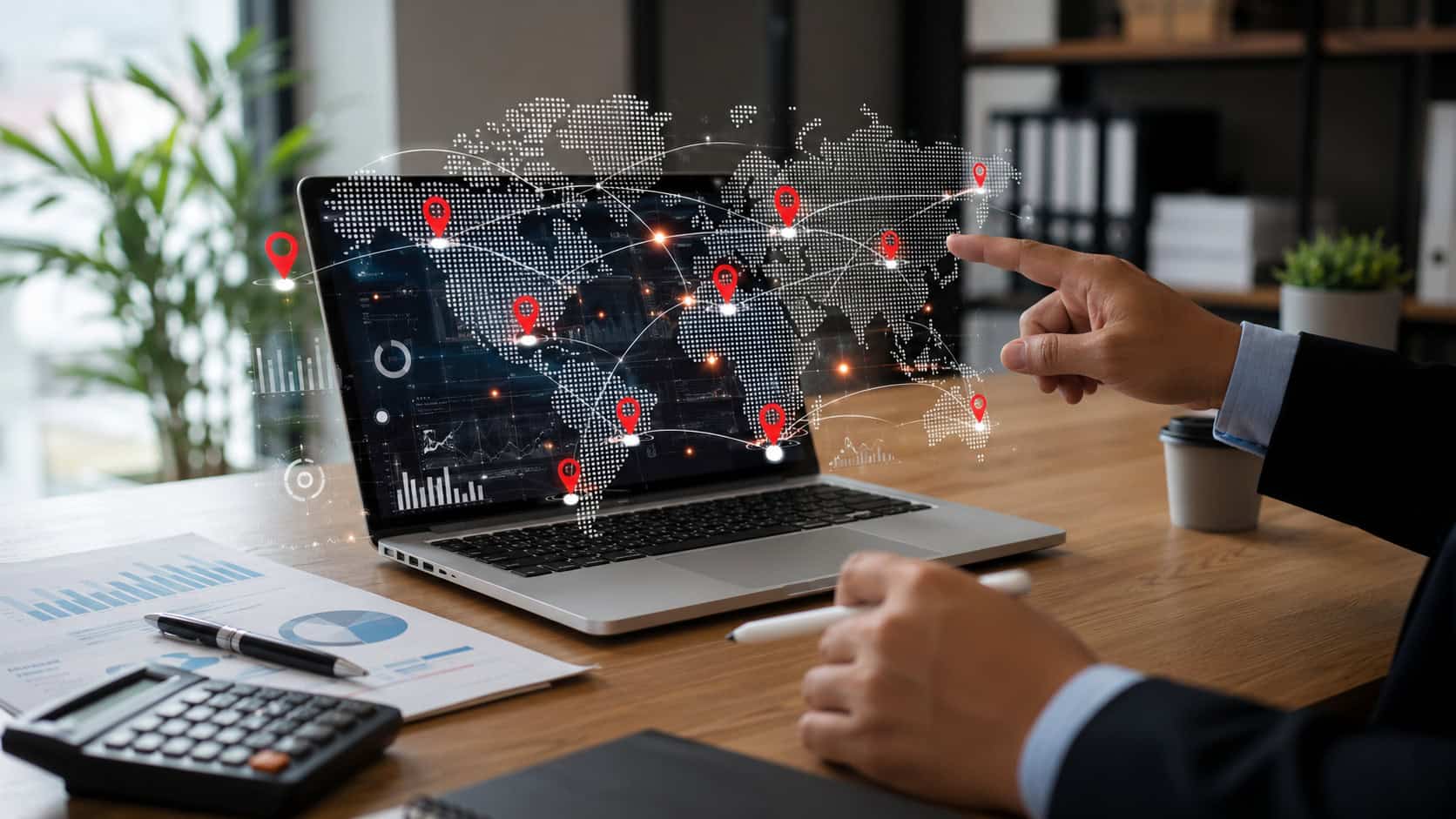 Business professional interacting with a digital world map showing connected global locations, data links, and analytics dashboards on a laptop in a modern office workspace.