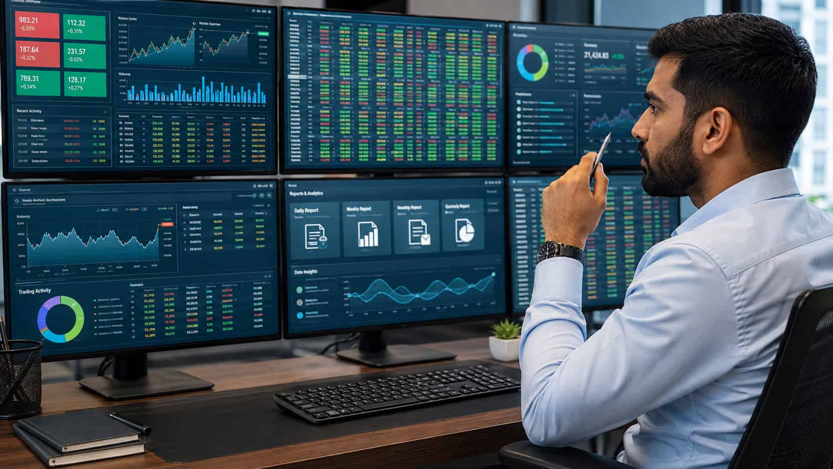Data analyst monitoring multiple digital dashboards with financial charts, performance metrics, and real-time data visualizations on large screens in a modern control room or office environment.