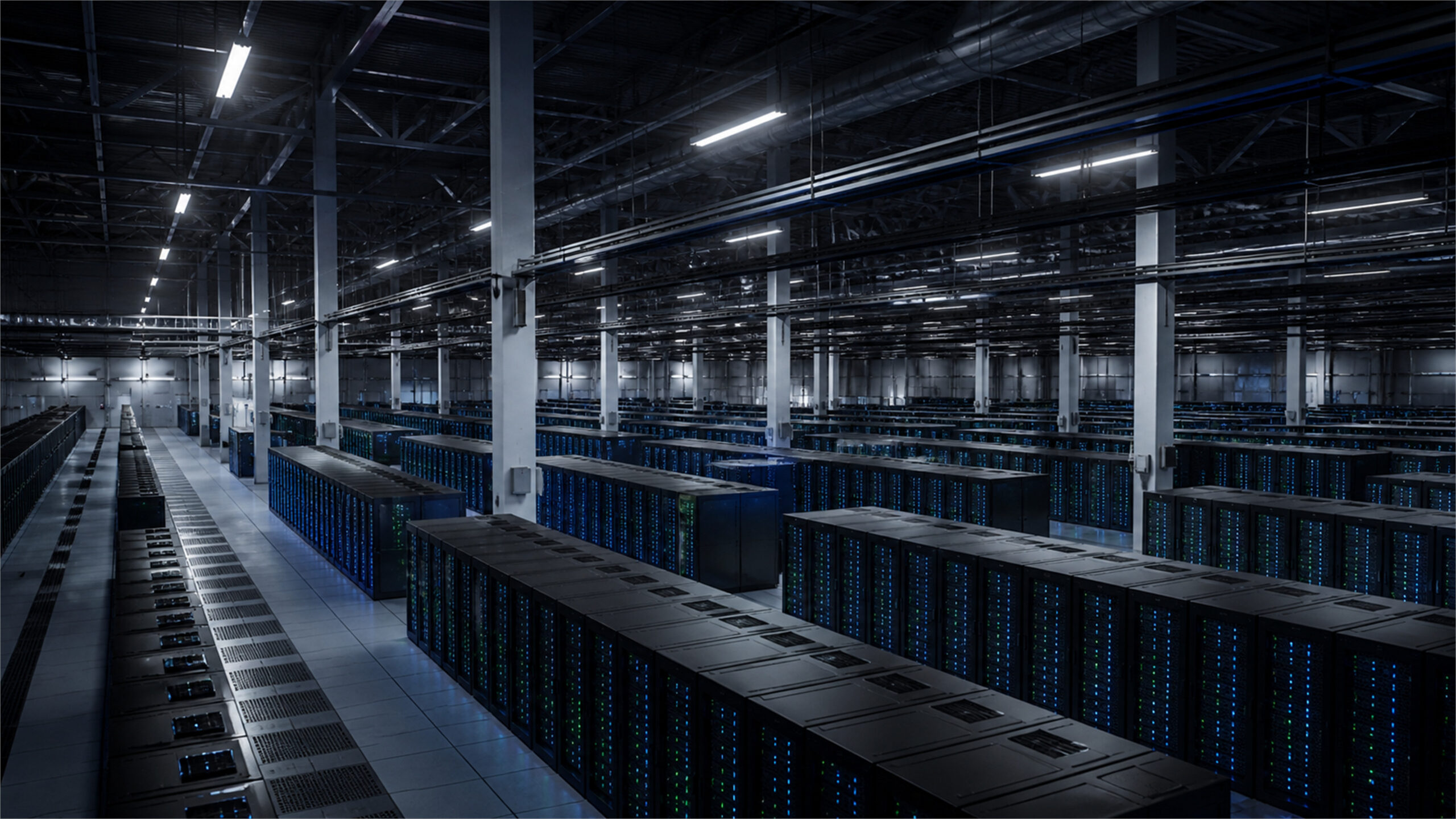 Long rows of server racks with blue and green status lights fill a large modern data center hall beneath overhead cable trays and bright linear lights.