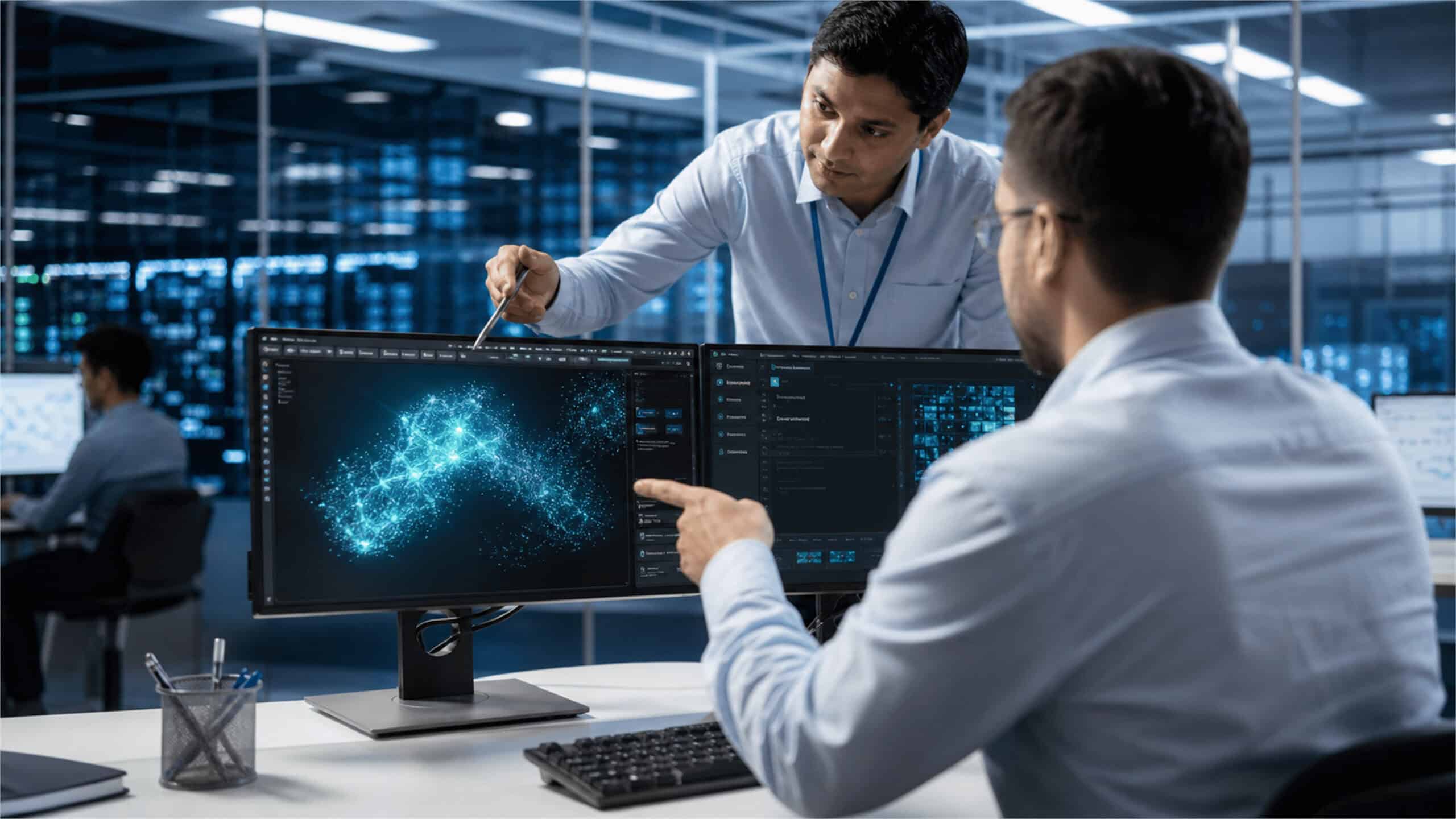 Two engineers collaborate at dual monitors in a modern data center, pointing at a glowing abstract network visualization.