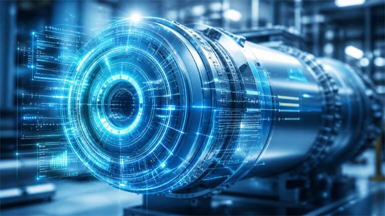 A metallic industrial cylinder is overlaid with a glowing cyan holographic interface inside a high-tech facility.