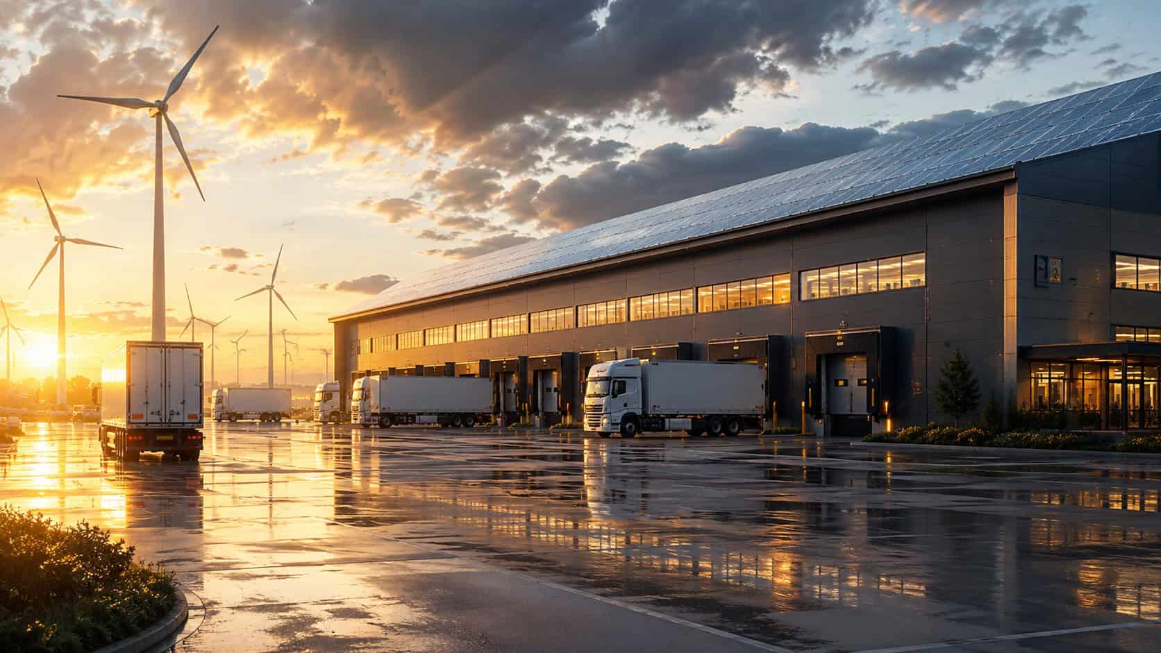 Modern renewable energy logistics facility with a large warehouse, solar panels, wind turbines, and electric delivery trucks during sunset, representing sustainable industrial operations and clean energy-powered infrastructure.