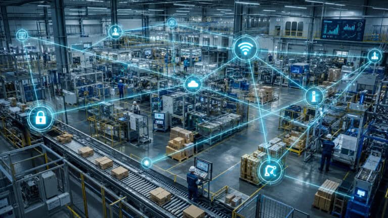 Aerial view of a smart factory with automated production lines, conveyor systems, workers, and industrial equipment, overlaid with glowing digital network connections and IoT icons representing connected manufacturing, real-time monitoring, and industrial automation.