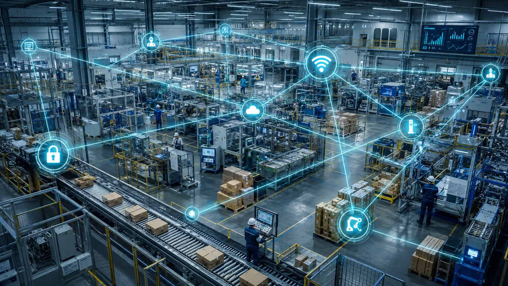Aerial view of a smart factory with automated production lines, conveyor systems, workers, and industrial equipment, overlaid with glowing digital network connections and IoT icons representing connected manufacturing, real-time monitoring, and industrial automation.