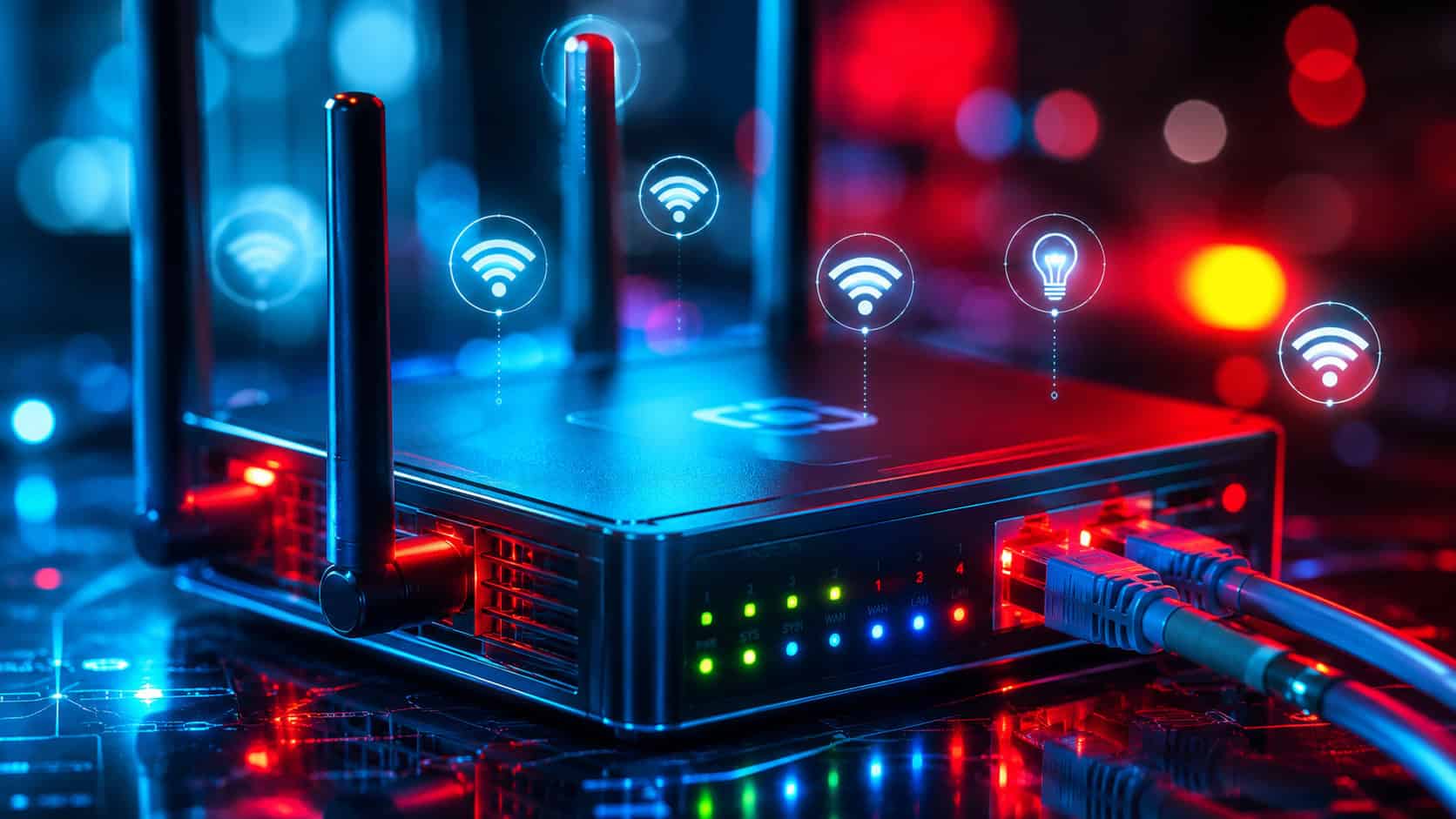 Wireless network router with multiple antennas and connected Ethernet cables, surrounded by glowing Wi-Fi and smart device icons, representing IoT connectivity, industrial networking, and real-time data communication.