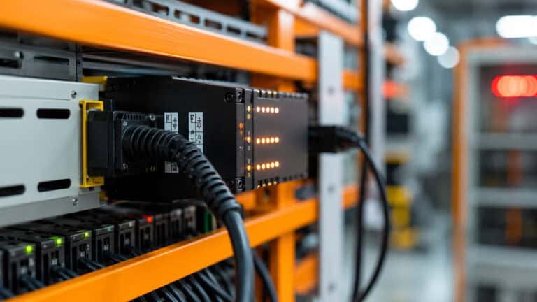 Close-up of an industrial automation controller mounted on an orange equipment rack, with connected cables, status indicator lights, and communication modules in a modern factory environment.