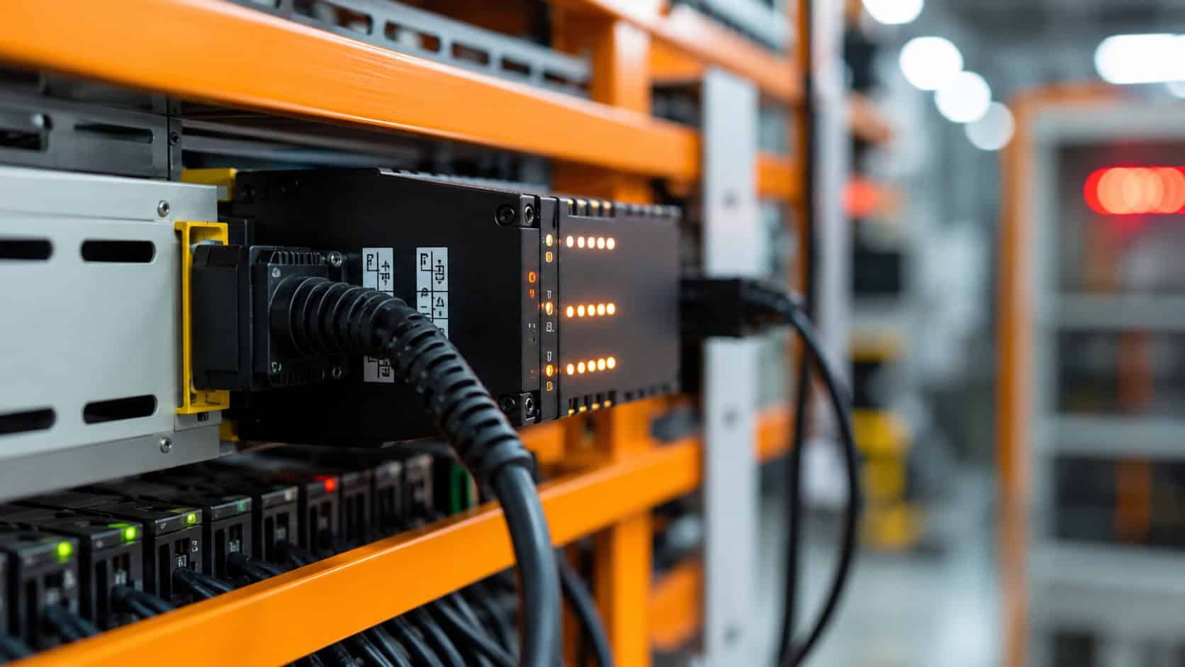 Close-up of an industrial automation controller mounted on an orange equipment rack, with connected cables, status indicator lights, and communication modules in a modern factory environment.