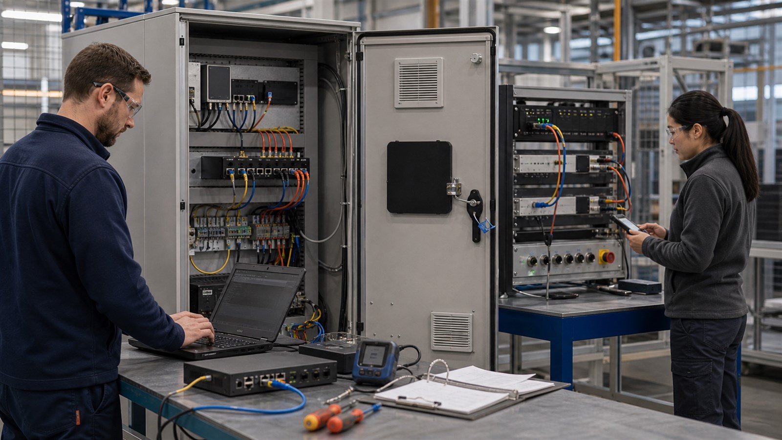 Two industrial engineers inspect an open control cabinet and test rack during a factory cybersecurity acceptance review.