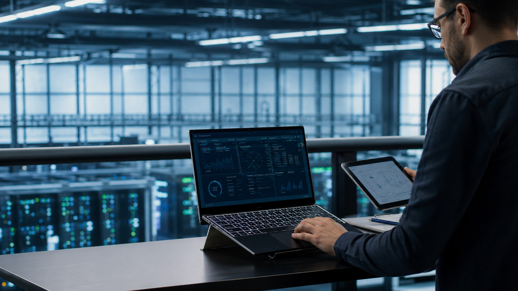 IT professional using a laptop and tablet to monitor analytics dashboards in a modern data center, with server racks and digital infrastructure visible in the background.