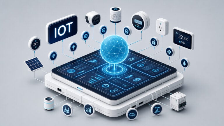 Futuristic IoT platform connecting a central digital globe with smart sensors, energy meters, cameras, environmental devices, industrial equipment, and analytics dashboards through a unified network.