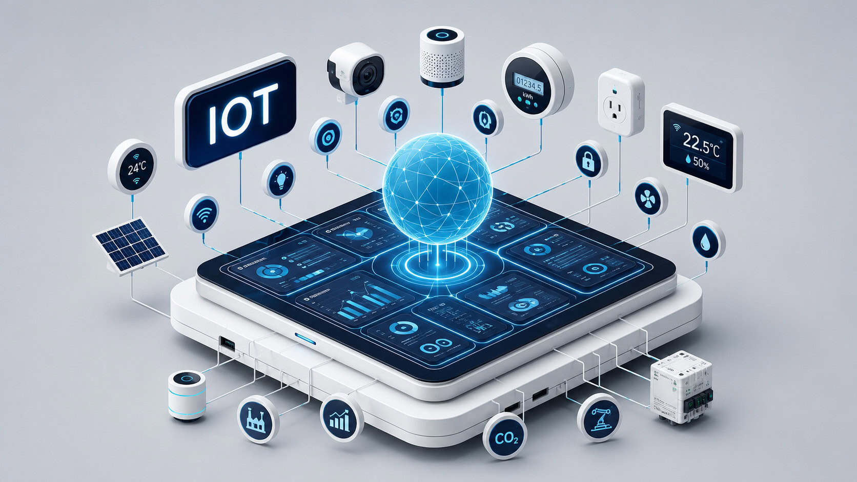 Futuristic IoT platform connecting a central digital globe with smart sensors, energy meters, cameras, environmental devices, industrial equipment, and analytics dashboards through a unified network.