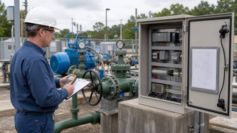 A field engineer inspects an open control cabinet beside pumps, valves, and pressure gauges at an outdoor municipal water utility site.