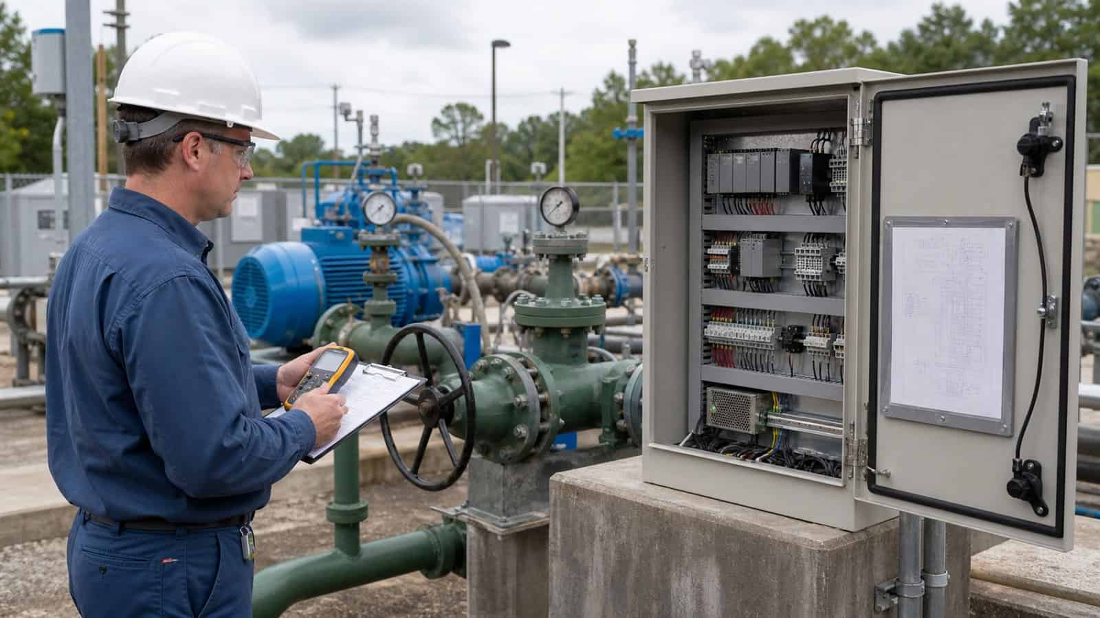 A field engineer inspects an open control cabinet beside pumps, valves, and pressure gauges at an outdoor municipal water utility site.