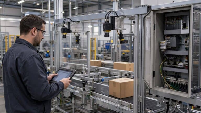 An engineer reviews a machine-vision inspection line with multiple cameras, conveyors and an open industrial control cabinet.
