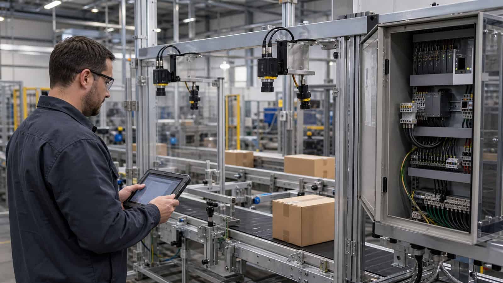 An engineer reviews a machine-vision inspection line with multiple cameras, conveyors and an open industrial control cabinet.