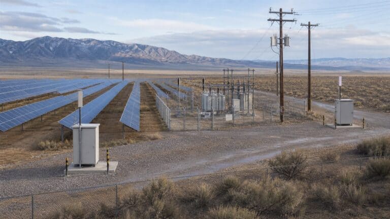 Two separate communications cabinets serve a remote solar farm and fenced electrical substation beneath a mountain range.