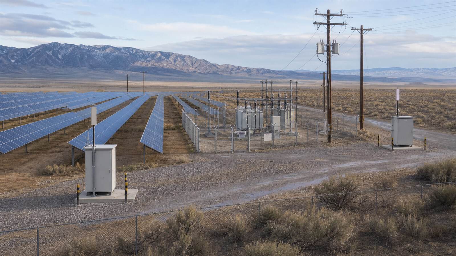 Two separate communications cabinets serve a remote solar farm and fenced electrical substation beneath a mountain range.