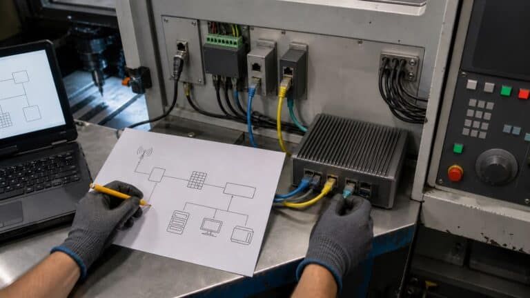 Gloved hands trace a network diagram beside connected industrial interfaces and a fanless computer on a CNC workbench.