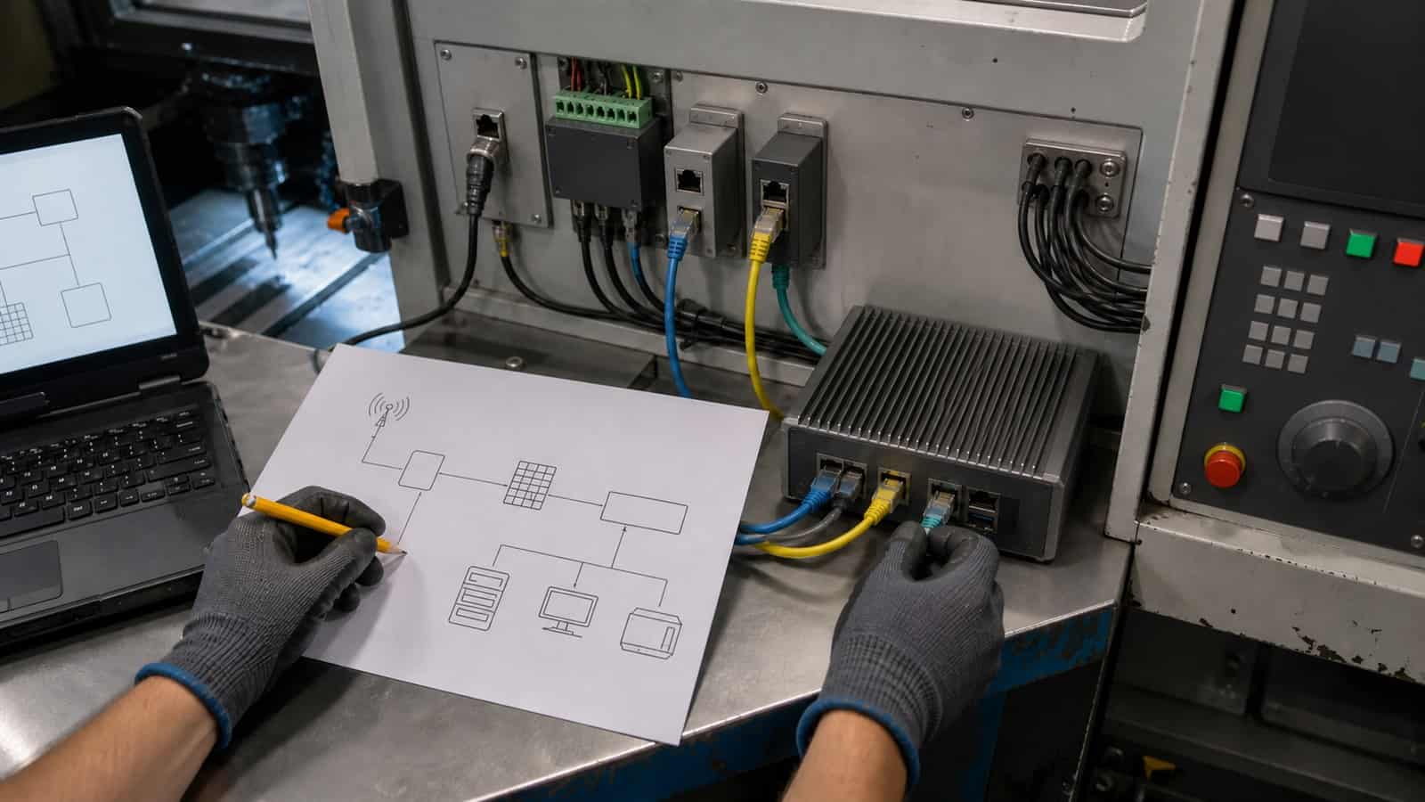 Gloved hands trace a network diagram beside connected industrial interfaces and a fanless computer on a CNC workbench.