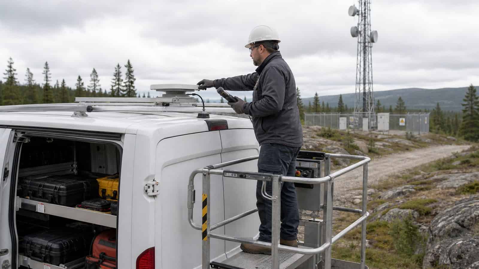 A field engineer inspects a low-profile roof antenna on a utility van from a guarded work platform at a remote communications site.