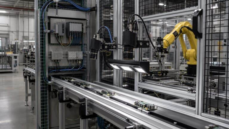 An automated electronics inspection cell uses machine-vision cameras, guarded robotics and local industrial computing along a production conveyor.